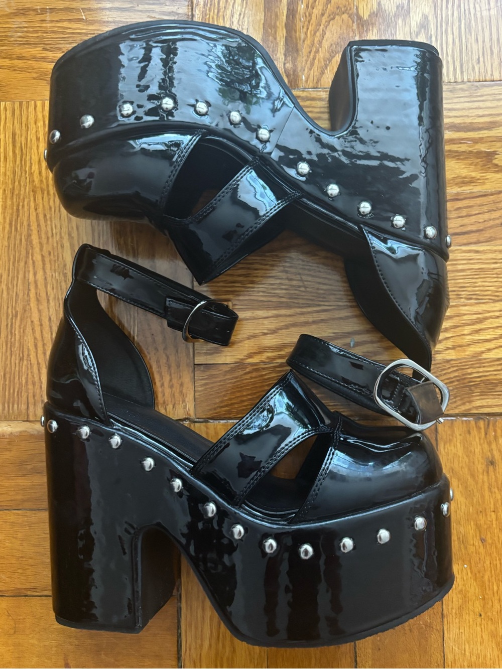 Black Patent Studded Platform Sandals | Sky High 5" Heel Goth Punk Clogs | 8